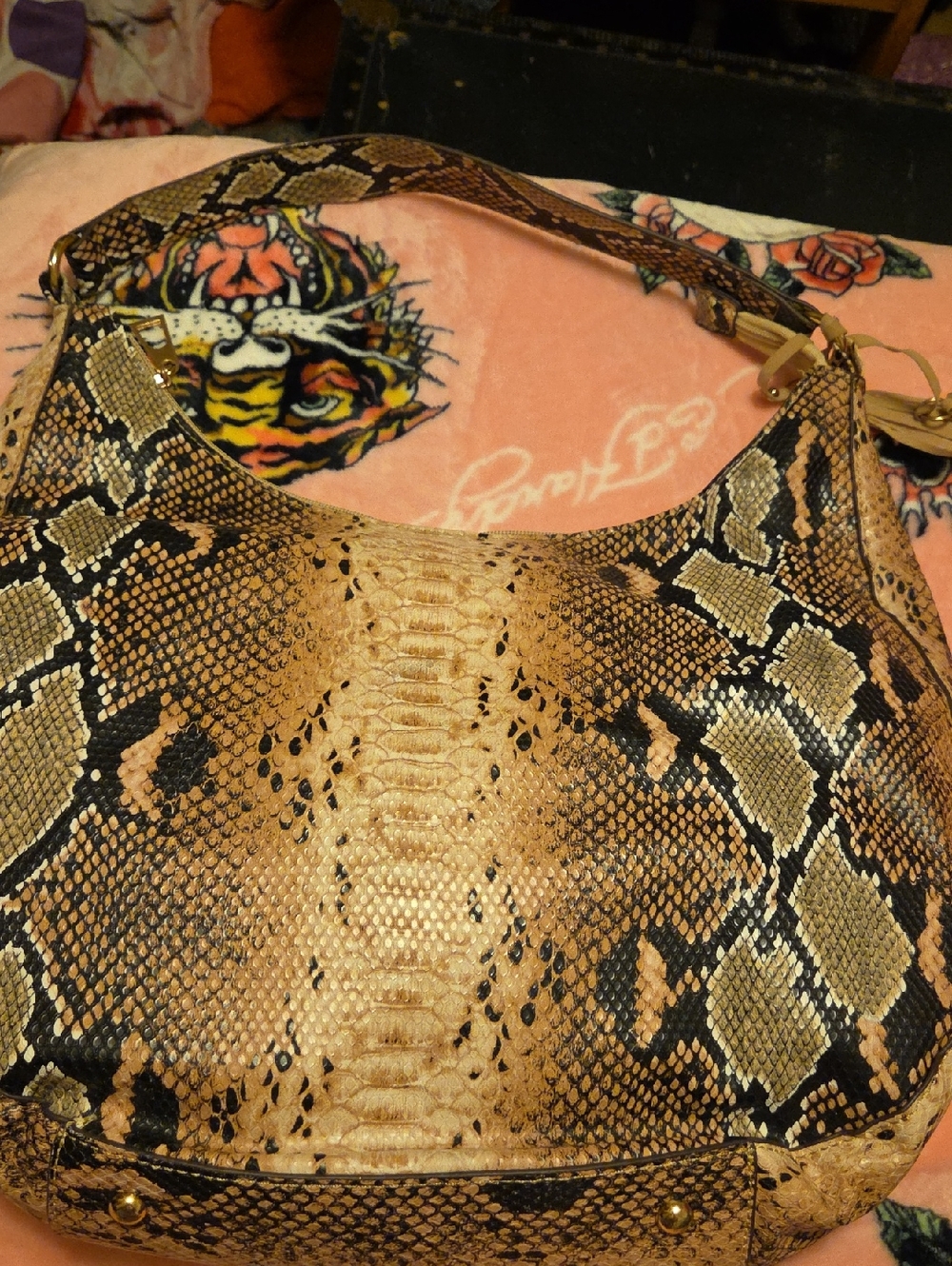 Tan and Black Snakeskin Shoulder Bag With Feet